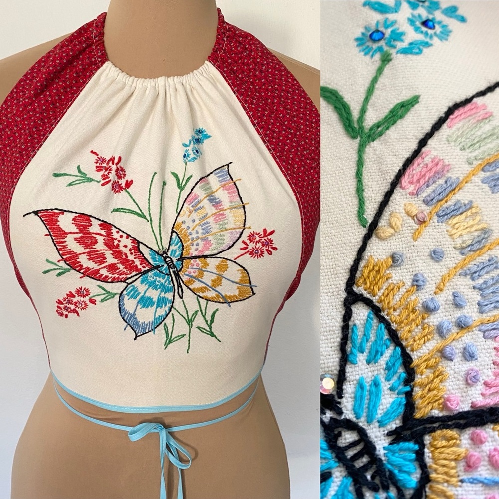 Vintage 70s-Inspired BUTTERFLY Halter Top *Small* Embellished Calico Crop Top